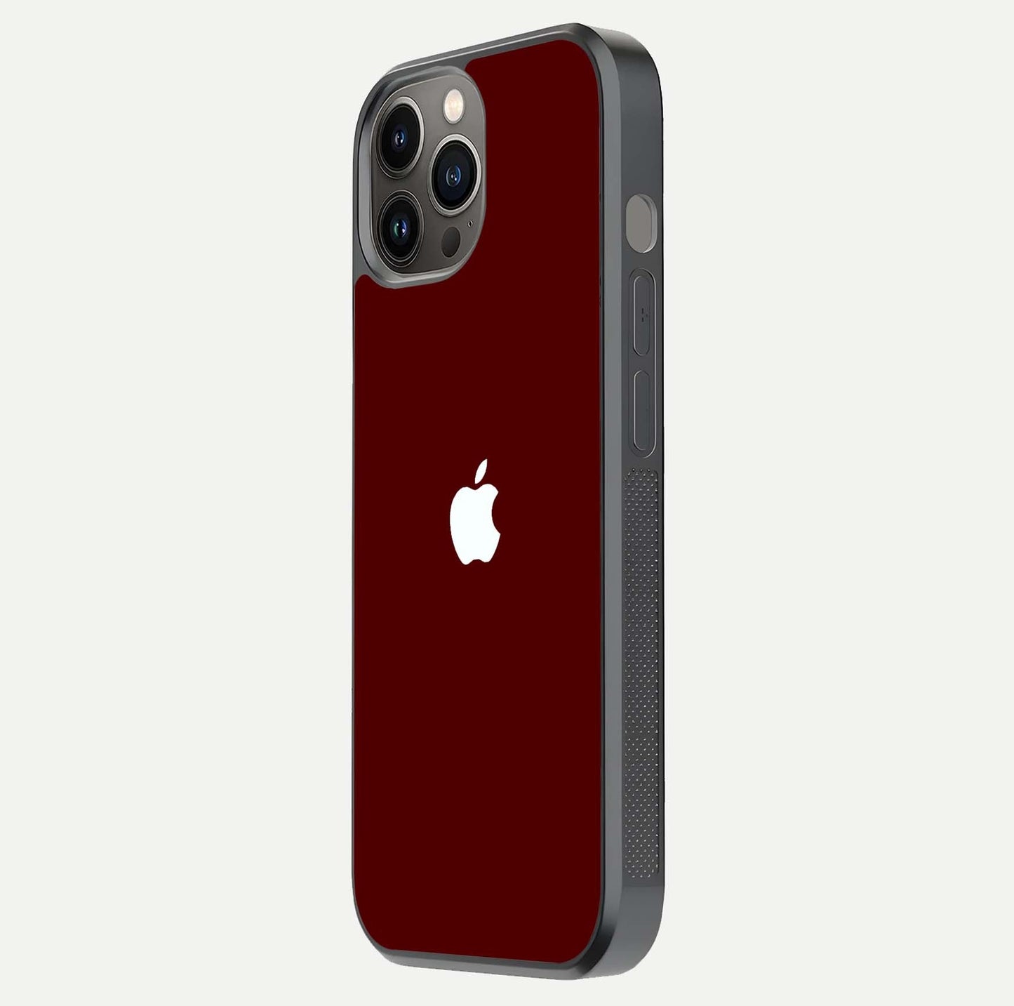 Apple Crimson Core Glass Case for iPhone 12 Pro Max side-angle shot showing camera bump alignment and glossy shine