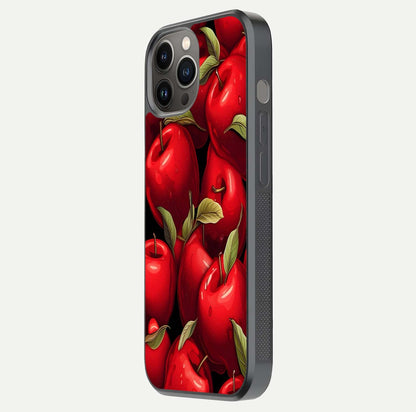 Apple Pattern Glass Case for iPhone 12 Pro Max side-angle image showcasing minimalist apple print and gloss reflection