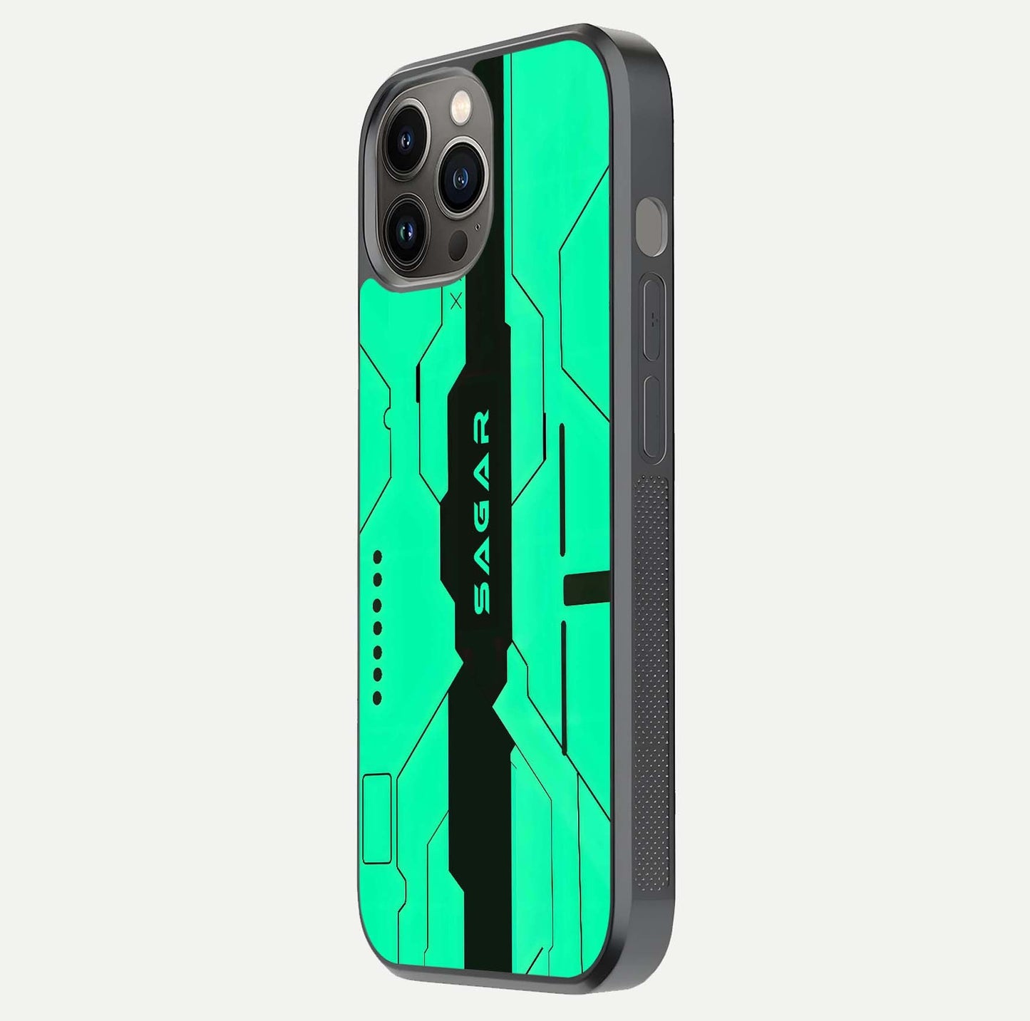 Aqua Tech CYBERPUNK Custom Name Glass Case for iPhone 12 Pro Max side-angle image with glowing edges and glossy surface