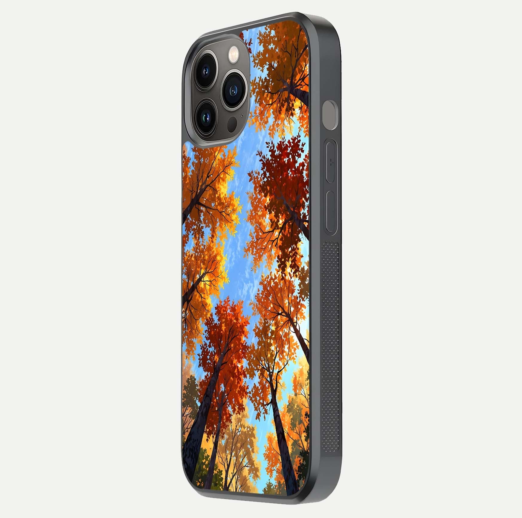 Autumn Sky Rise Glass Case for iPhone 12 Pro Max side-angle showing autumn art tones and protective corners