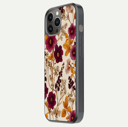 Autumn Wine Bloom Glass Case for iPhone 12 Pro Max side-angle showcasing floral design, texture gloss, and camera frame