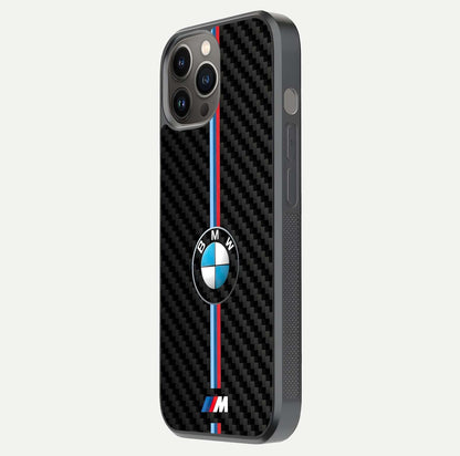 BMW Pattern Glass Case for iPhone 12 Pro Max side-angle image showing edge finish and luxury car-inspired shine