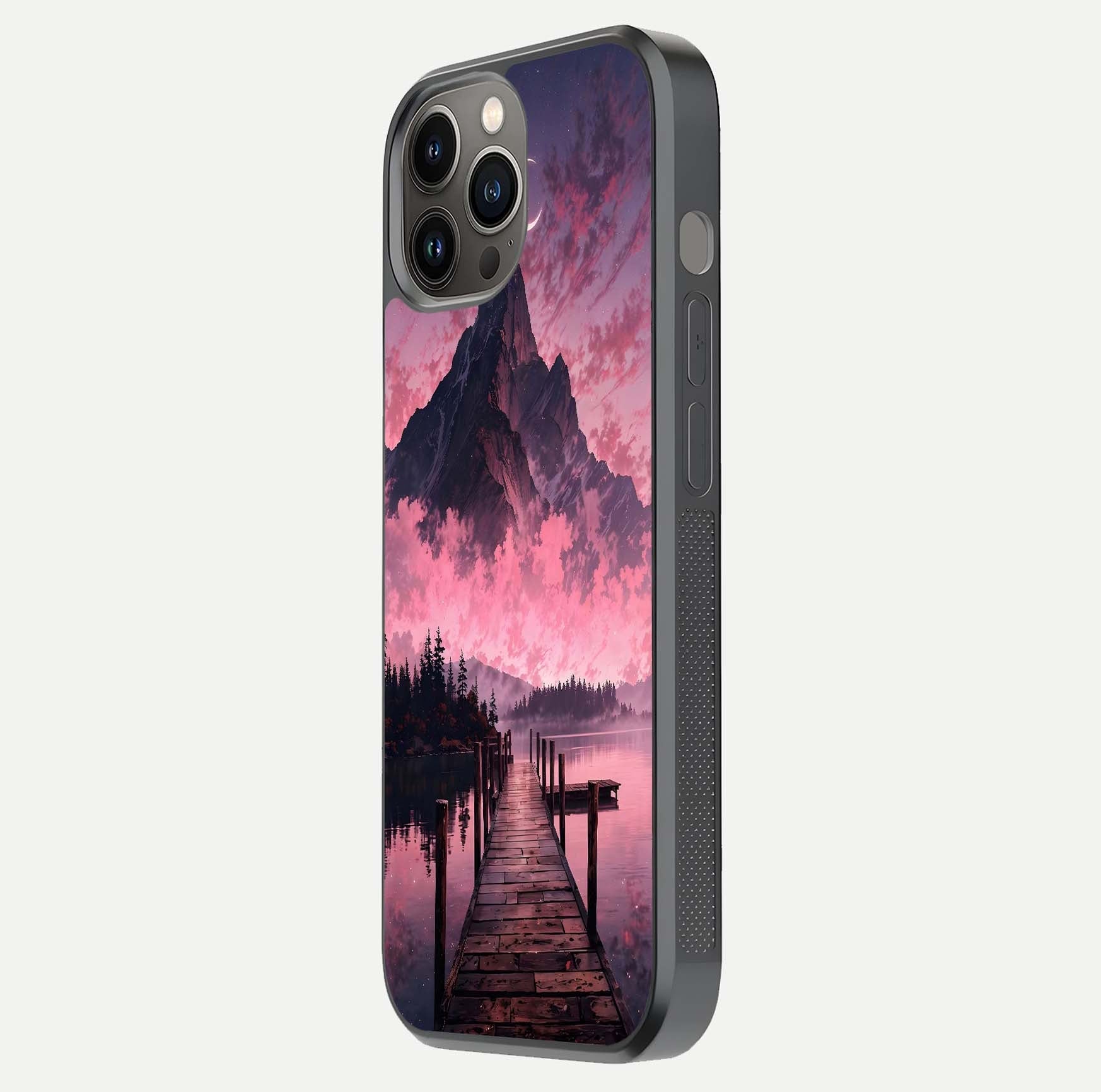 Beautyful Mountain View Glass Case for iPhone 12 Pro Max side-angle image displaying mountain artwork and gloss surface