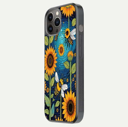 Bees & Sunflowers Glass Case for iPhone 12 Pro Max side-angle image showing bee pattern alignment and shiny protective surface