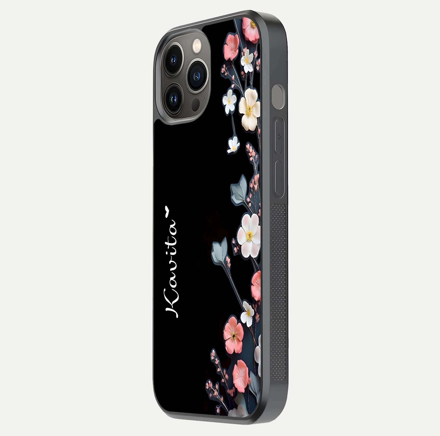 Black Elegance Floral Custom Name Glass Case for iPhone 12 Pro Max side-angle showing black gloss depth and delicate print texture