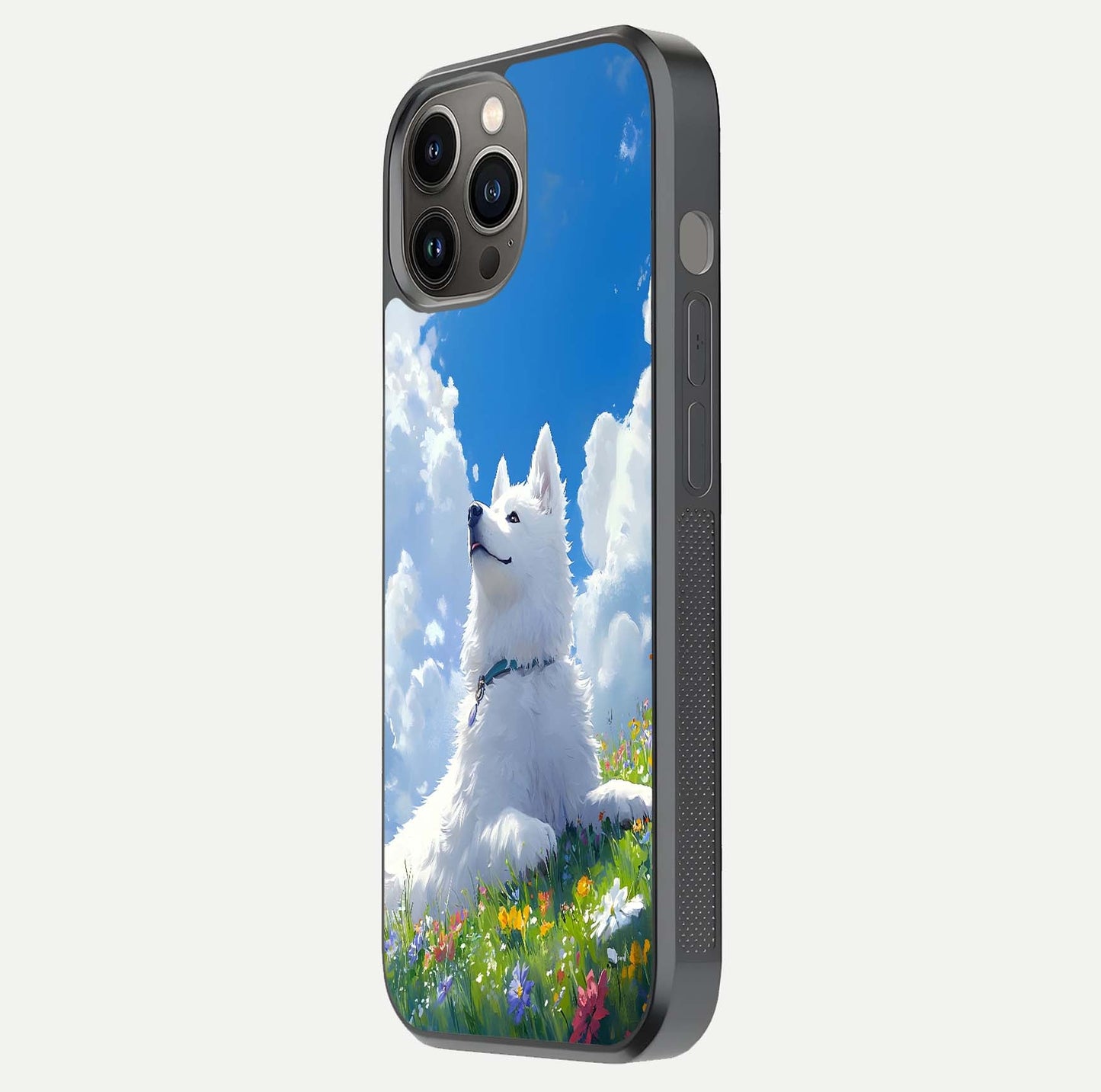 Blissful Cloud Pup Glass Case for iPhone 12 Pro Max side-angle shot displaying puppy print and glossy texture