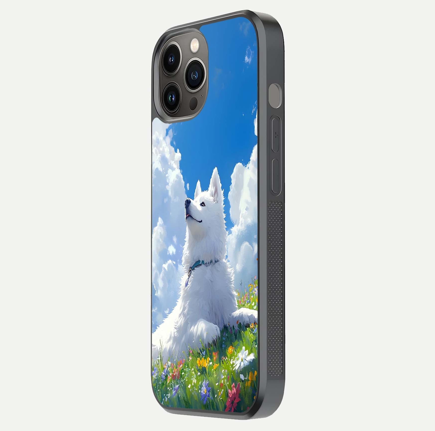Blissful Cloud Pup Glass Case for iPhone 12 Pro Max side-angle shot displaying puppy print and glossy texture