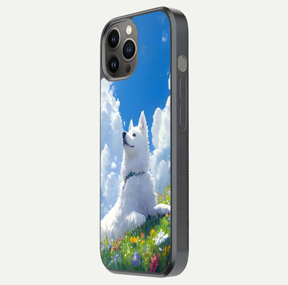 Blissful Cloud Pup Glass Case for iPhone 12 Pro Max side-angle shot displaying puppy print and glossy texture