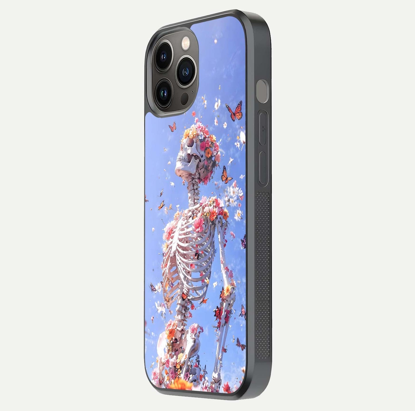 Bloom Beyond Bones Glass Case for iPhone 12 Pro Max side-angle image highlighting print precision and gloss finish