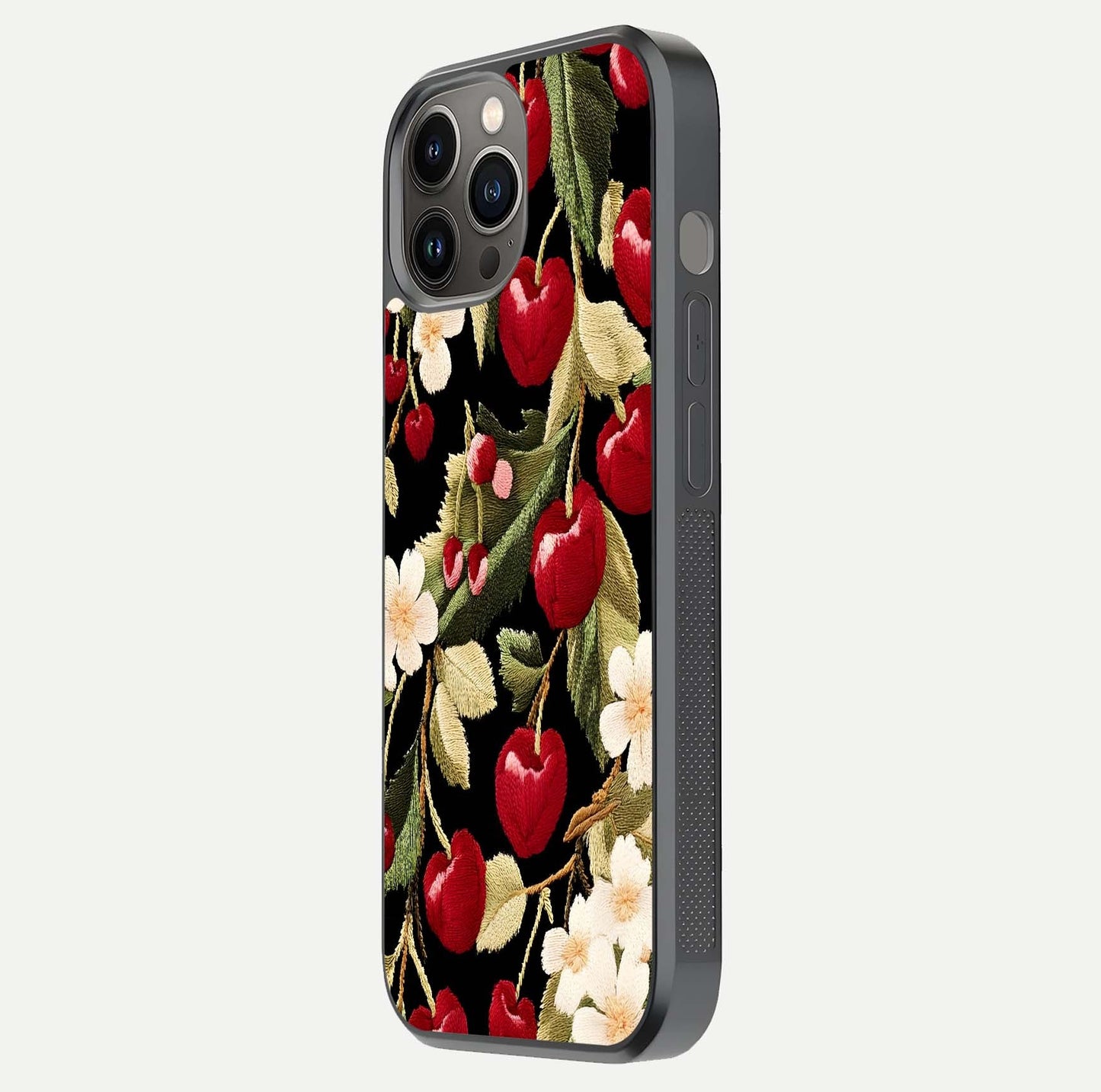 Bloom Thread Art Glass Case for iPhone 12 Pro Max side-angle image showing texture depth and gloss reflection