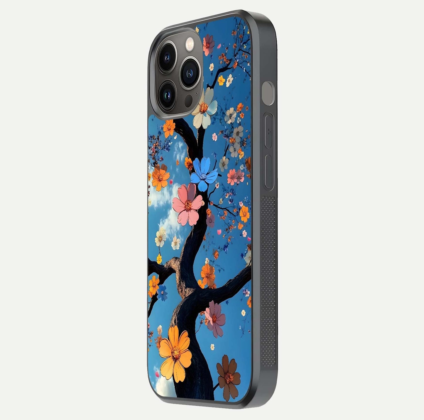 Blossom Dream Sky Glass Case for iPhone 12 Pro Max side-angle photo showing flower details, edge curve, and reflection shine