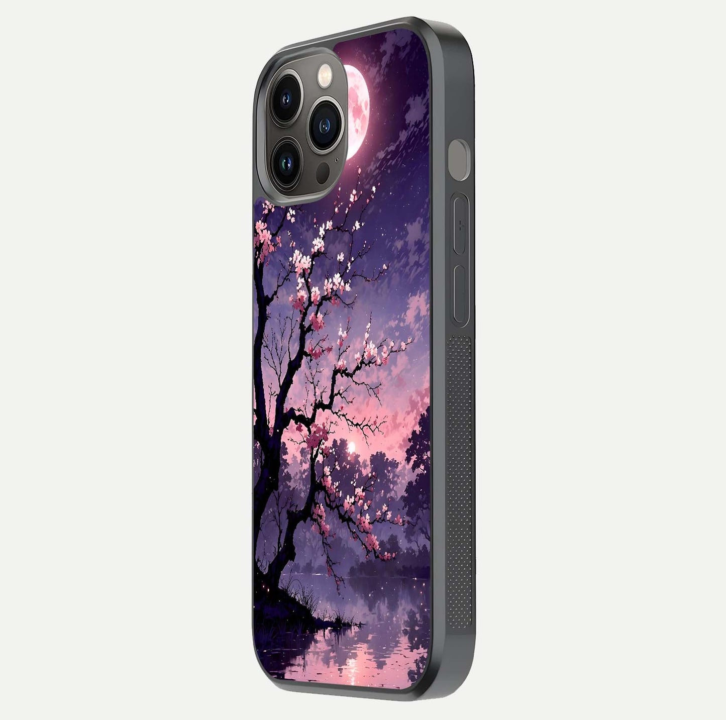 Blossom Pink Moon Glass Case for iPhone 12 Pro Max side-angle image showing glossy curve and floral-moon balance