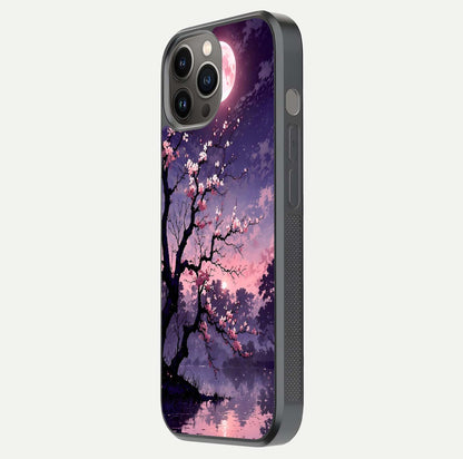Blossom Pink Moon Glass Case for iPhone 12 Pro Max side-angle image showing glossy curve and floral-moon balance