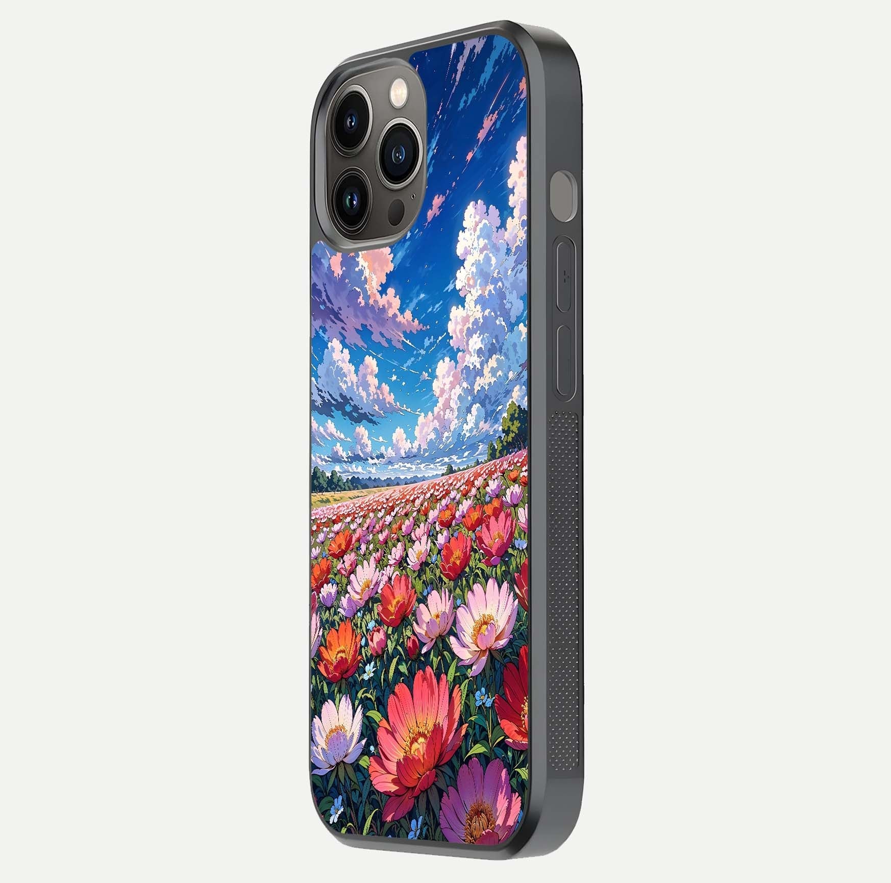 Blossom Sky Field Glass Case for iPhone 12 Pro Max side-angle showing sky hues, blossom texture, and reflective shine