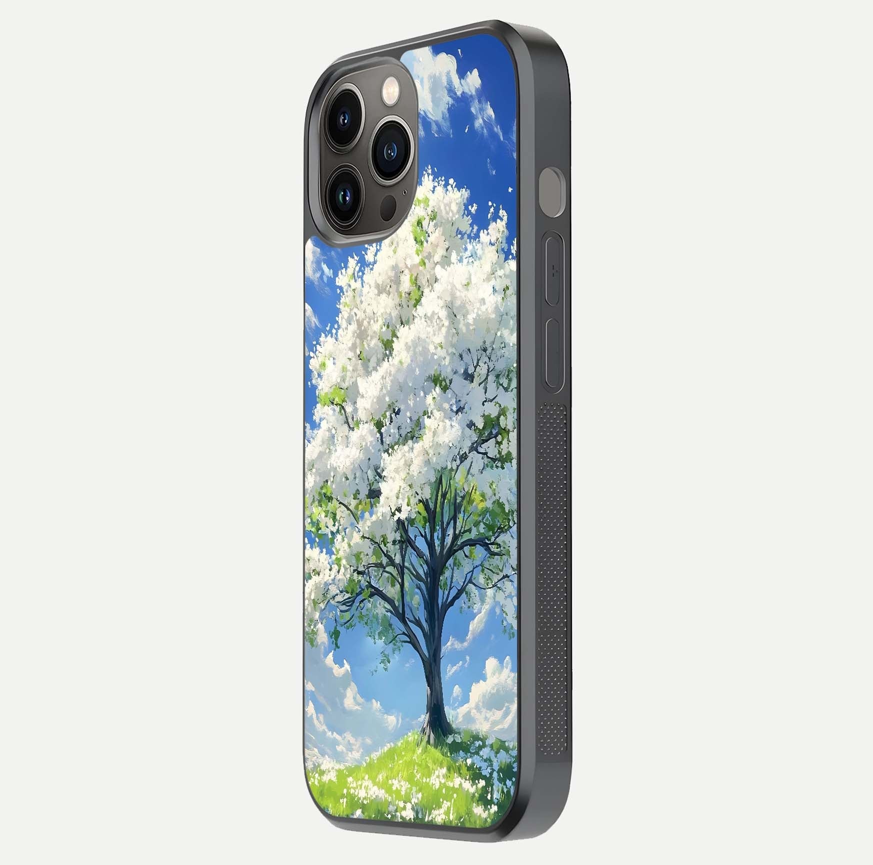 Blossom Sky Serenity Glass Case for iPhone 12 Pro Max side-angle image showing elegant edge flow and light reflection