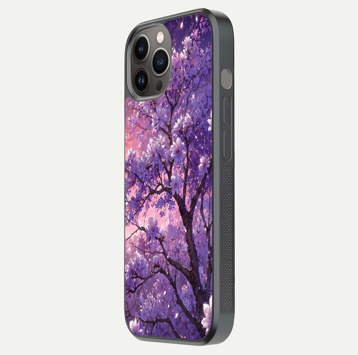 Blossom Tree Glass Case for iPhone 12 Pro Max side-angle image showing floral tree artwork and reflection gloss