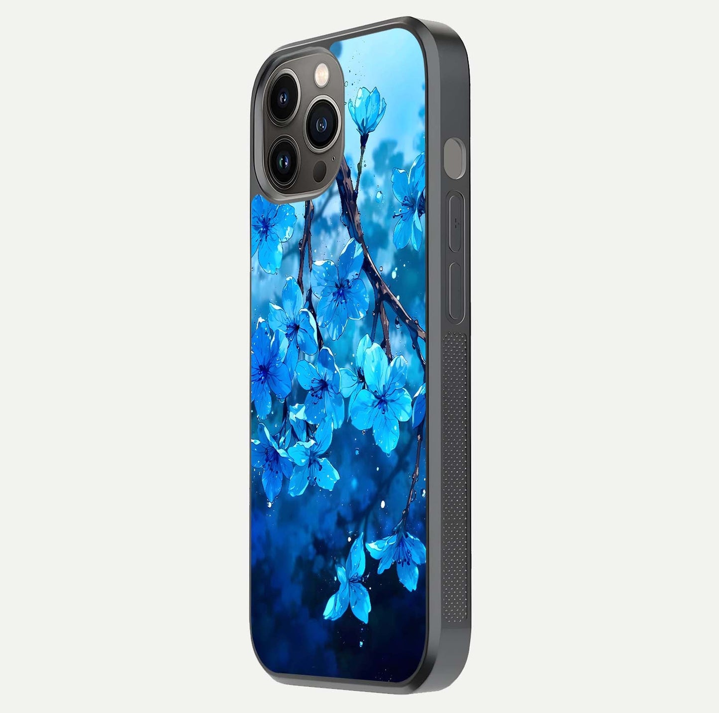 Blue Blossoms Branch Glass Case for iPhone 12 Pro Max side-angle image showing blossom pattern flow and glossy texture