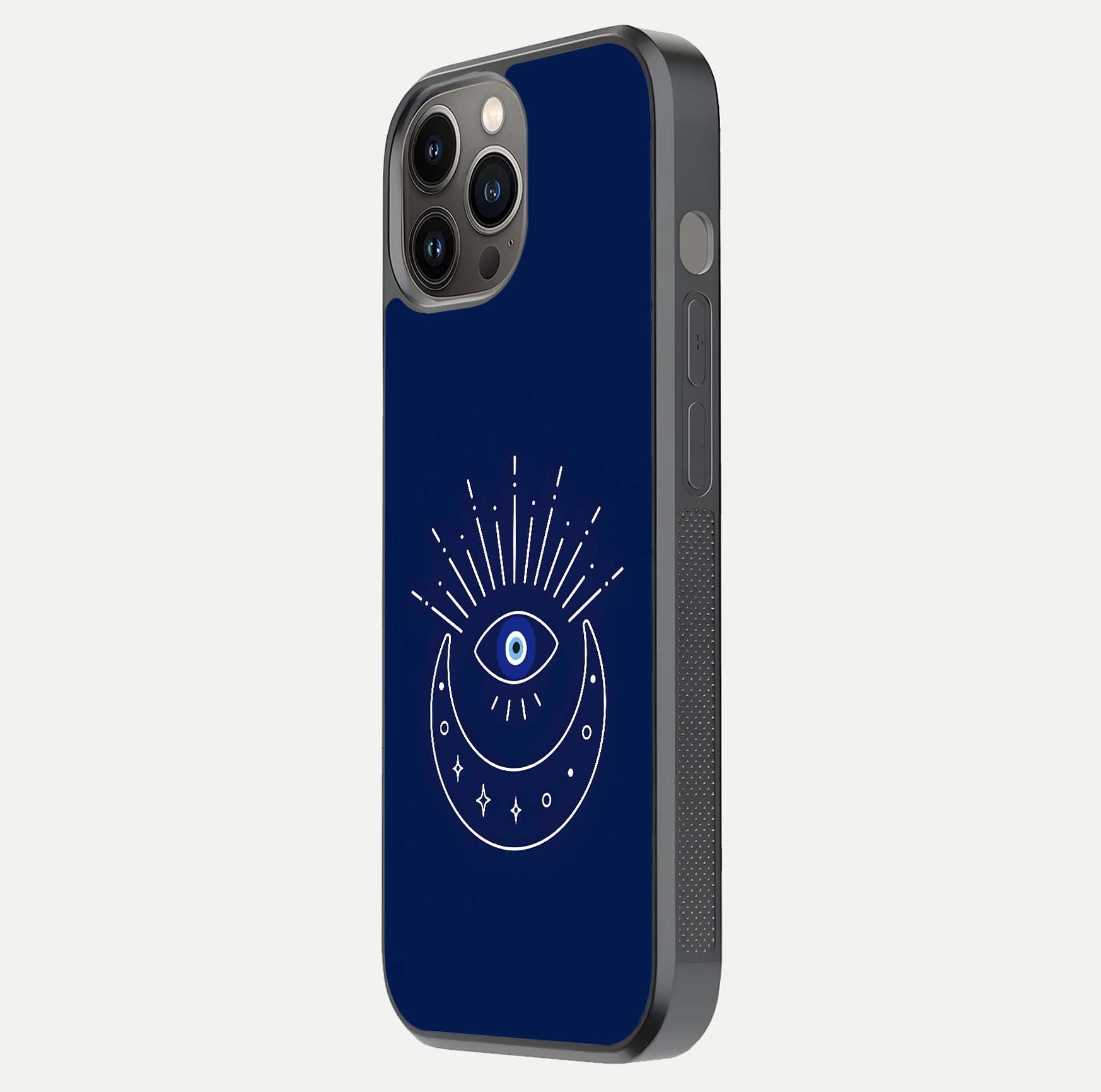 Blue Evil Eye Glass Case for iPhone 12 Pro Max side-angle view showing edge glow, color balance, and reflective surface