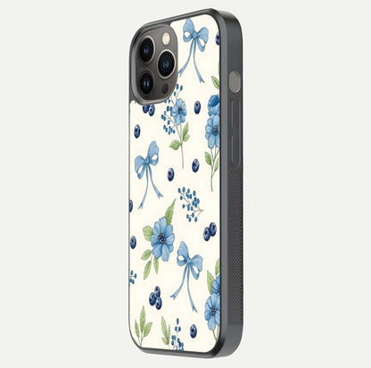 Blue Flower & Bow Glass Case for iPhone 12 Pro Max side-angle image showing bow-floral mix and HD finish shine