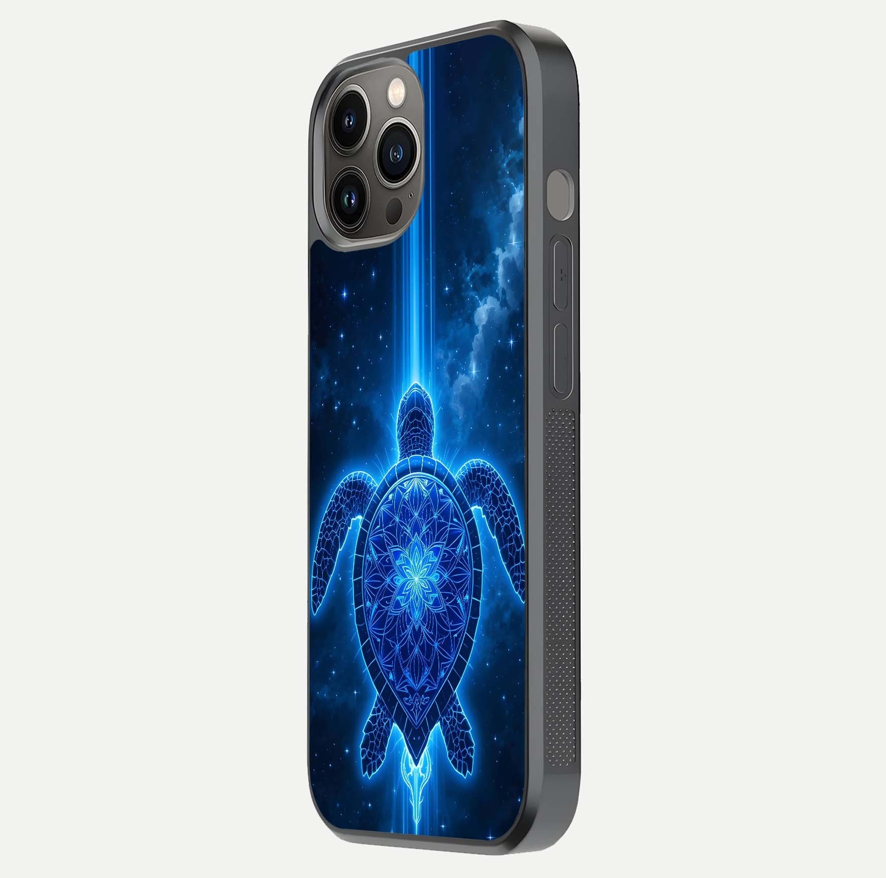 Blue Galaxy Turtle Glass Case for iPhone 12 Pro Max side-angle photo capturing galaxy shine and smooth edge design
