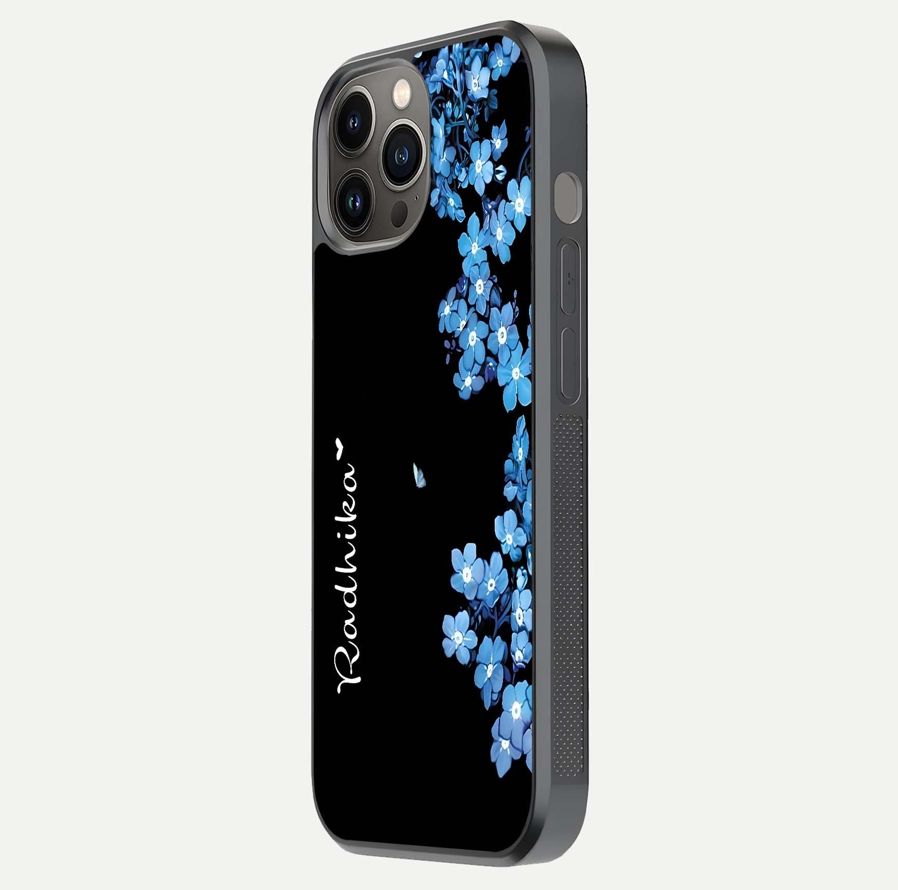 Blue Petal Dream Custom Name Glass Case for iPhone 12 Pro Max side-angle image showing name print clarity and smooth gloss