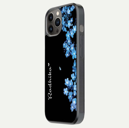 Blue Petal Dream Custom Name Glass Case for iPhone 12 Pro Max side-angle image showing name print clarity and smooth gloss