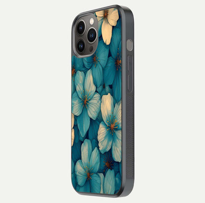 Blue Shade Floral Glass Case for iPhone 12 Pro Max side-angle photo showing detailed floral hues and curved glass shine