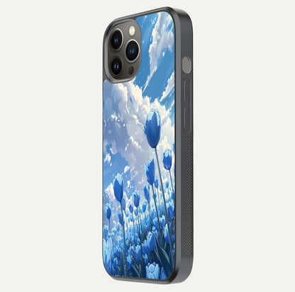 Blue Tulip Clouds Glass Case for iPhone 12 Pro Max side-angle image showing edge curve and flower reflection glow