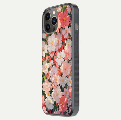Blush Bloom Field Glass Case for iPhone 12 Pro Max side-angle image showing petal pattern gloss and smooth edges