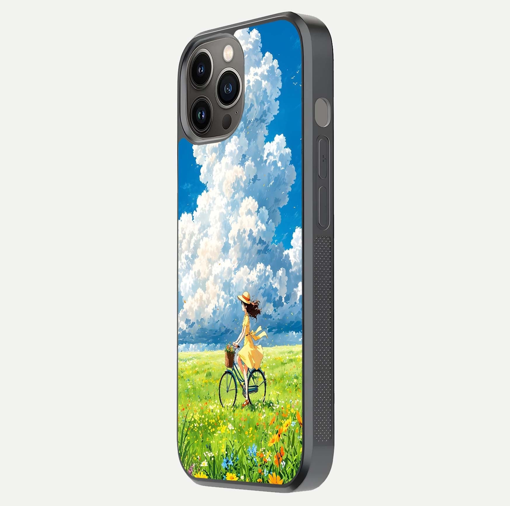 Breezy Meadow Ride Glass Case for iPhone 12 Pro Max side-angle image showing floral details and edge glow
