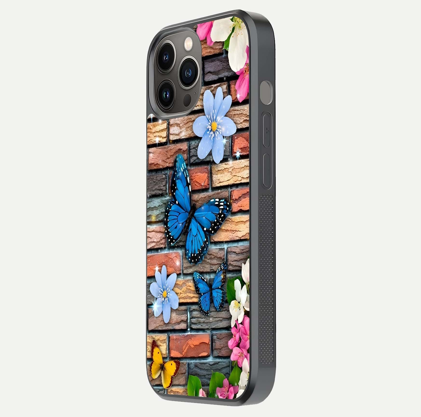 Brick Bloom Flight Glass Case for iPhone 12 Pro Max side-angle photo showing curve shine and detailed petal contrast