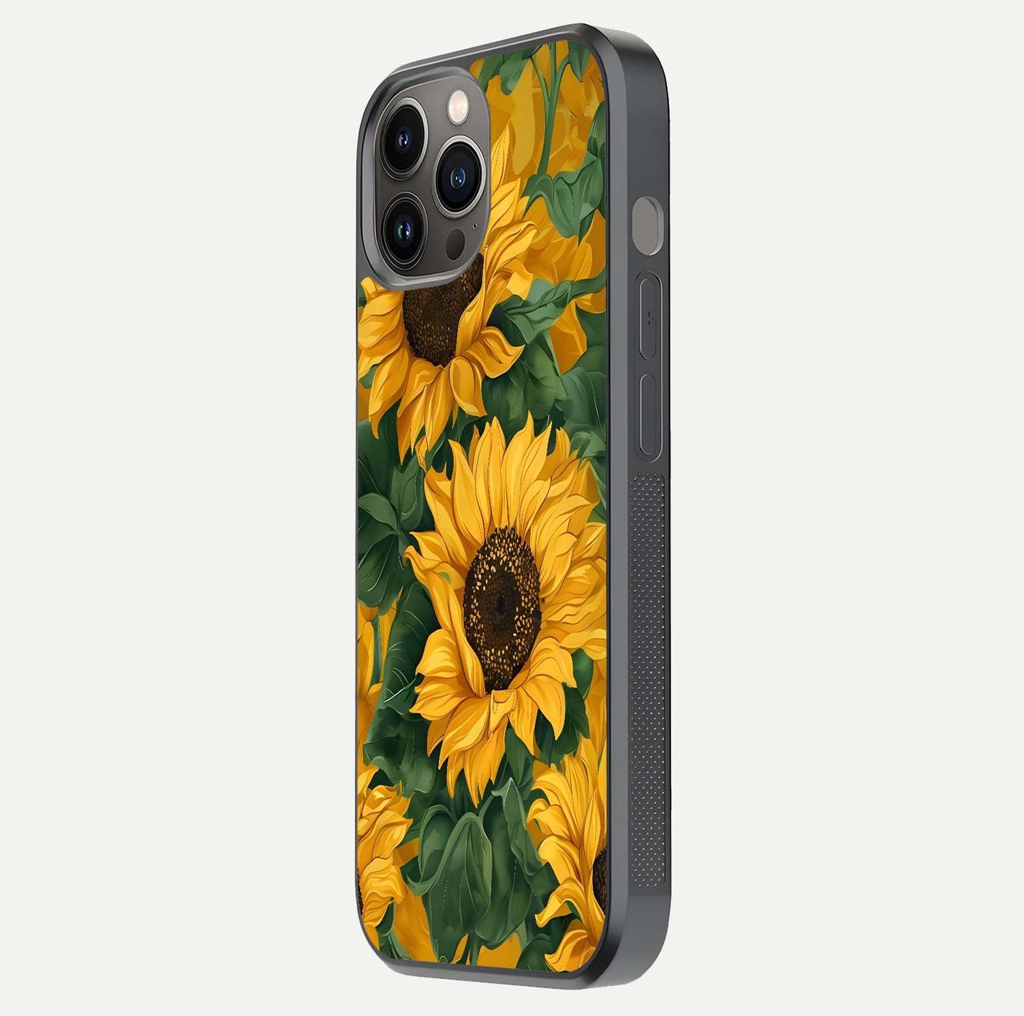 Bright Sunflower Bloom Glass Case for iPhone 12 Pro Max side-angle image showing shine texture and detailed bloom