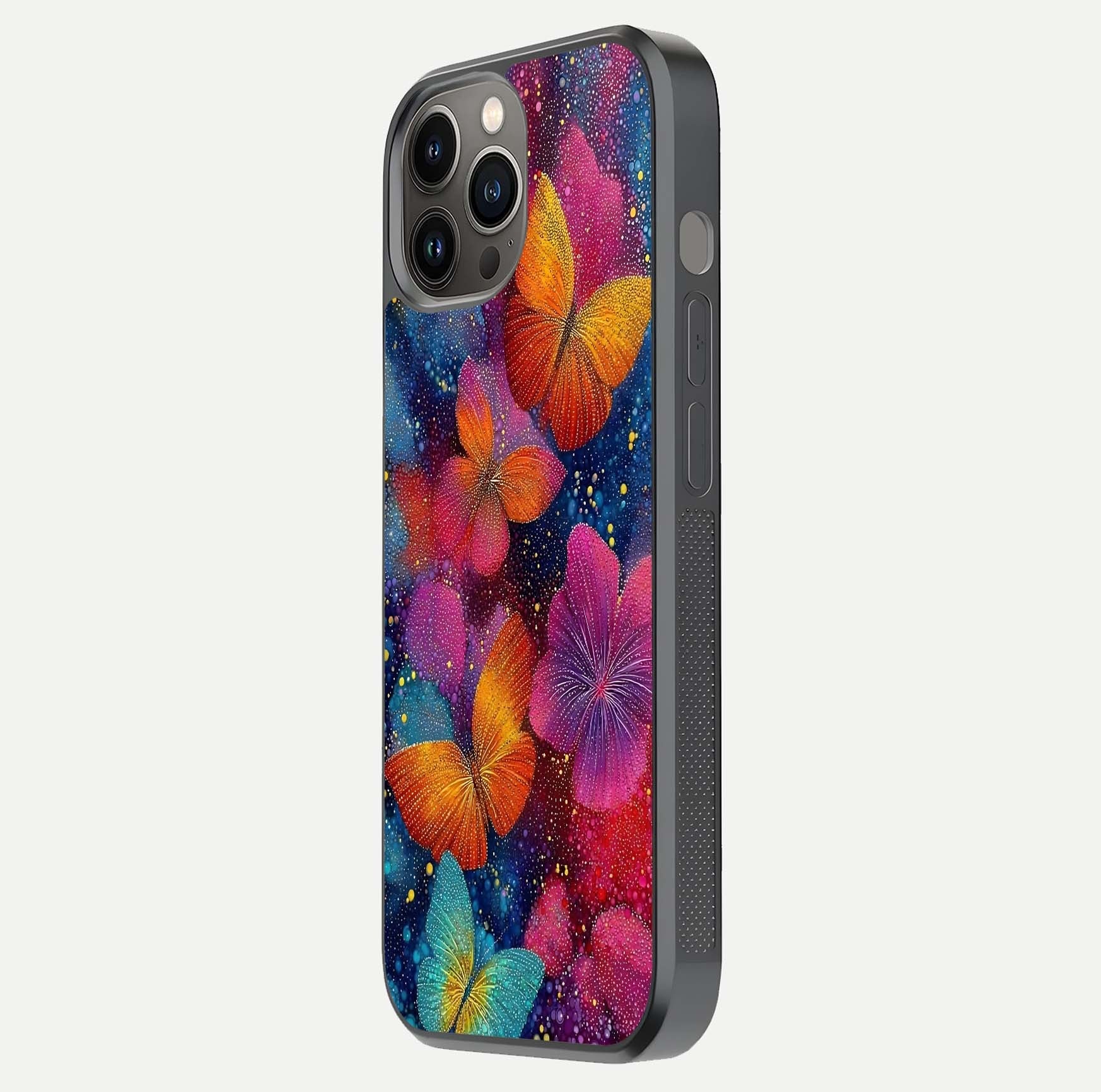 Butterfly Dream Mist Glass Case for iPhone 12 Pro Max side-angle image showing soft gradient and reflective glow