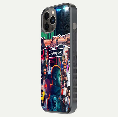 CYBERPUNK Legacy Glass Case for iPhone 12 Pro Max side-angle photo showing edge glow and reflective surface