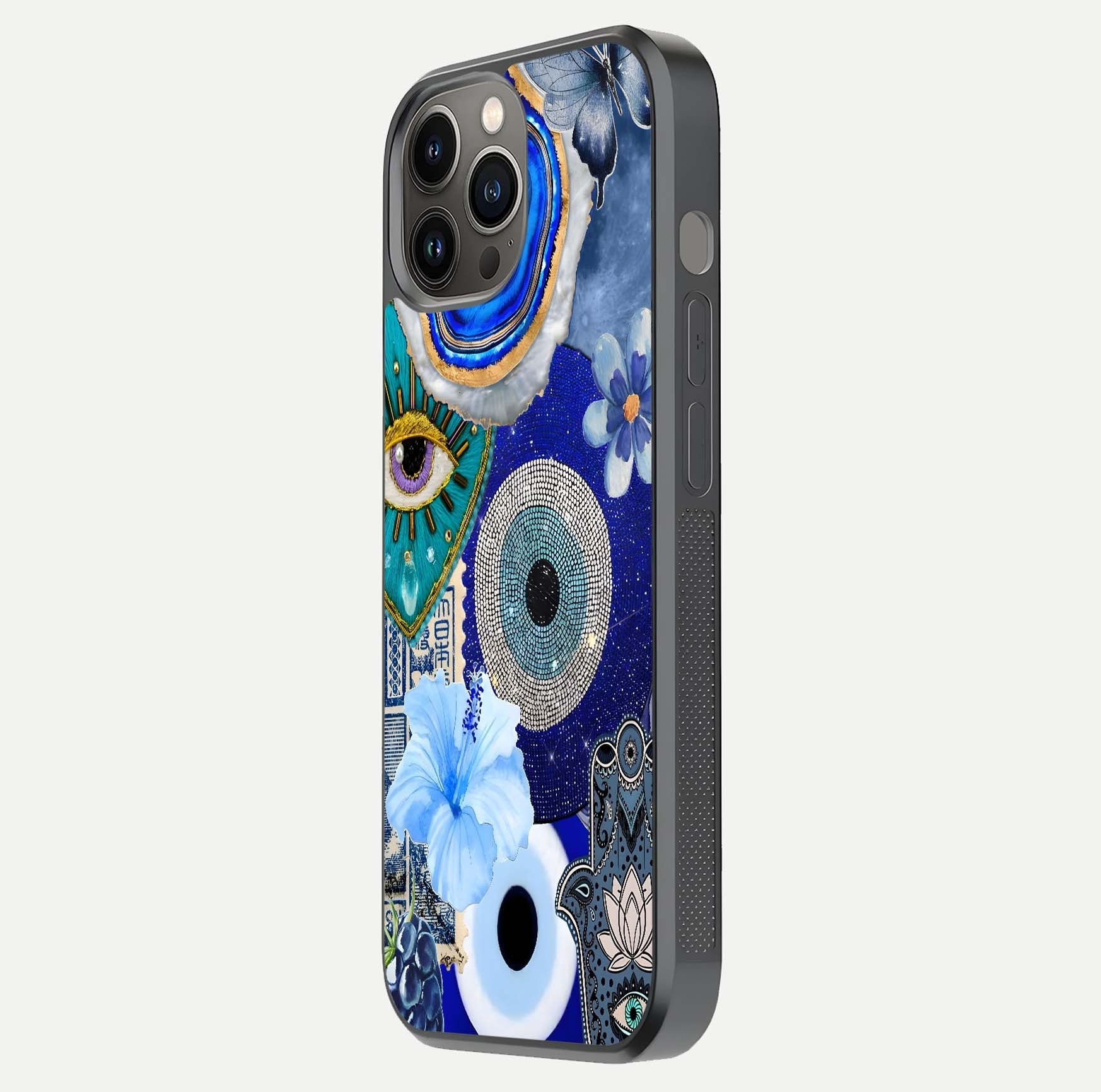 Celestial Blue Vision Glass Case for iPhone 12 Pro Max side-angle image capturing starlight shimmer and glass reflection