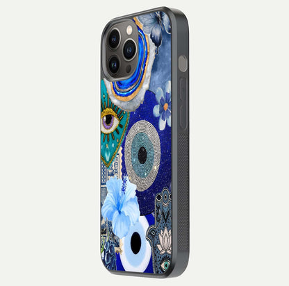 Celestial Blue Vision Glass Case for iPhone 12 Pro Max side-angle image capturing starlight shimmer and glass reflection