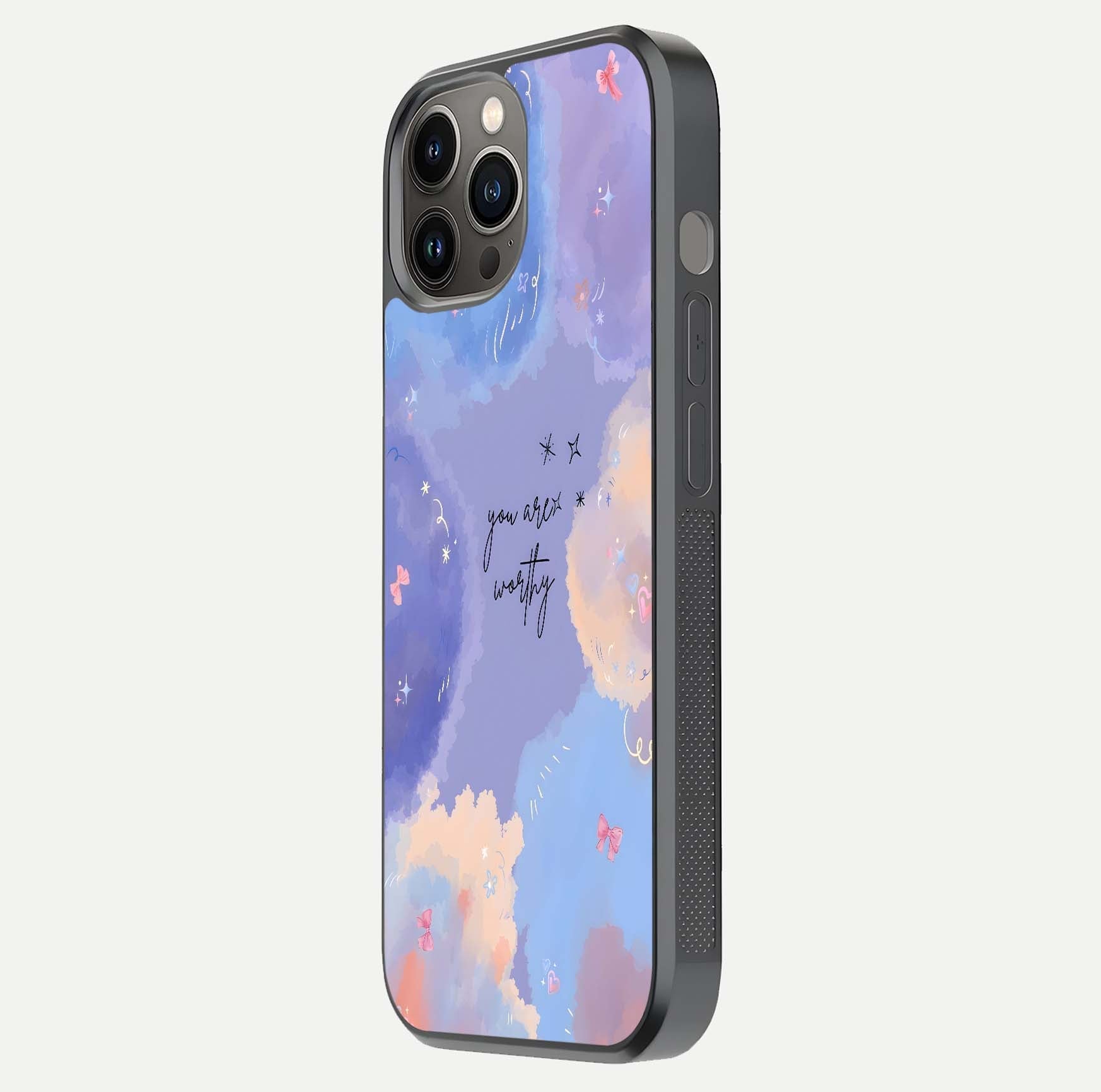 Celestial Cloud Magic Glass Case for iPhone 12 Pro Max side-angle photo showing edge reflection and dreamy texture