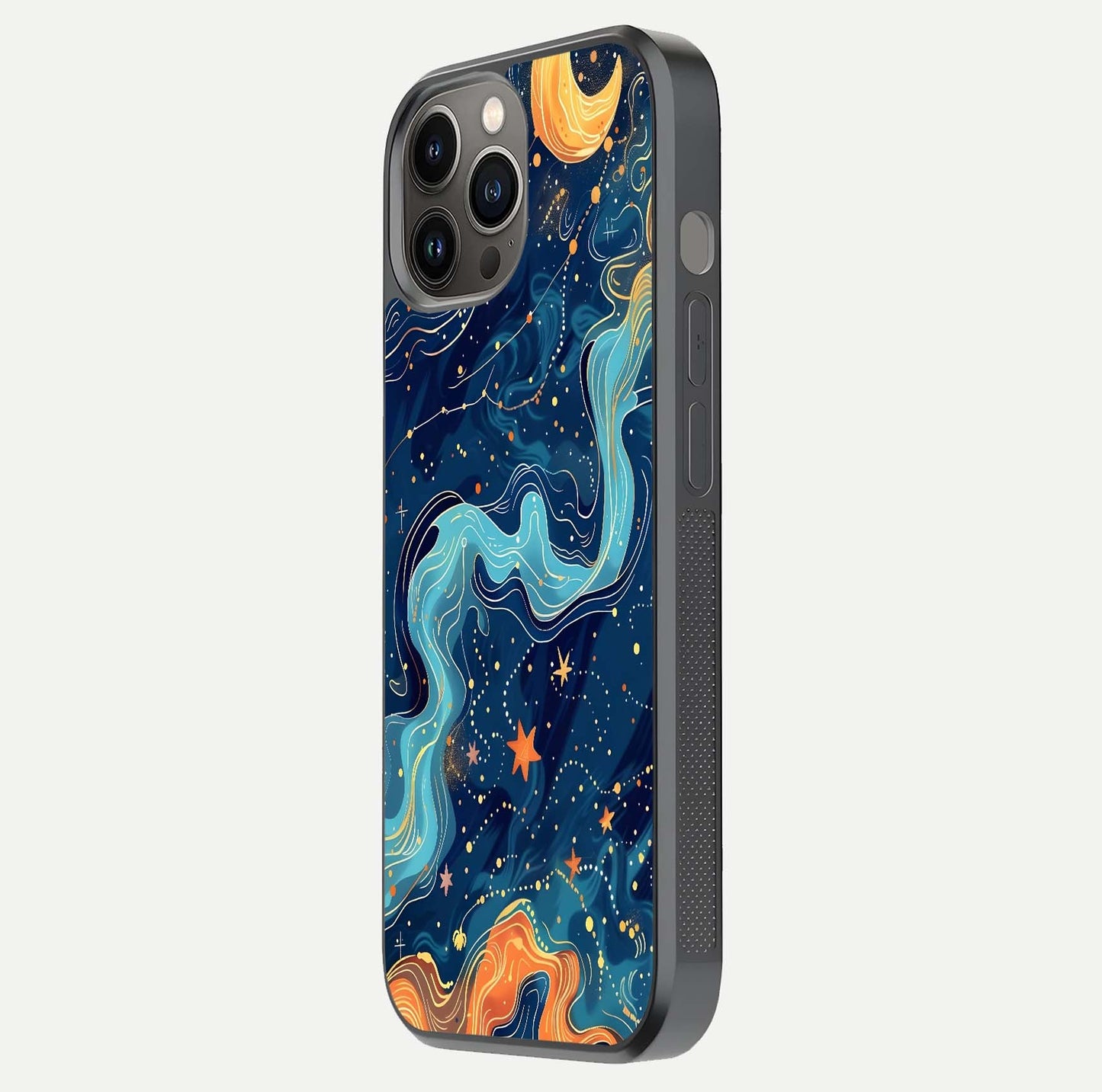 Celestial Dream Flow Glass Case for iPhone 12 Pro Max side-angle image capturing color swirl and glass reflection