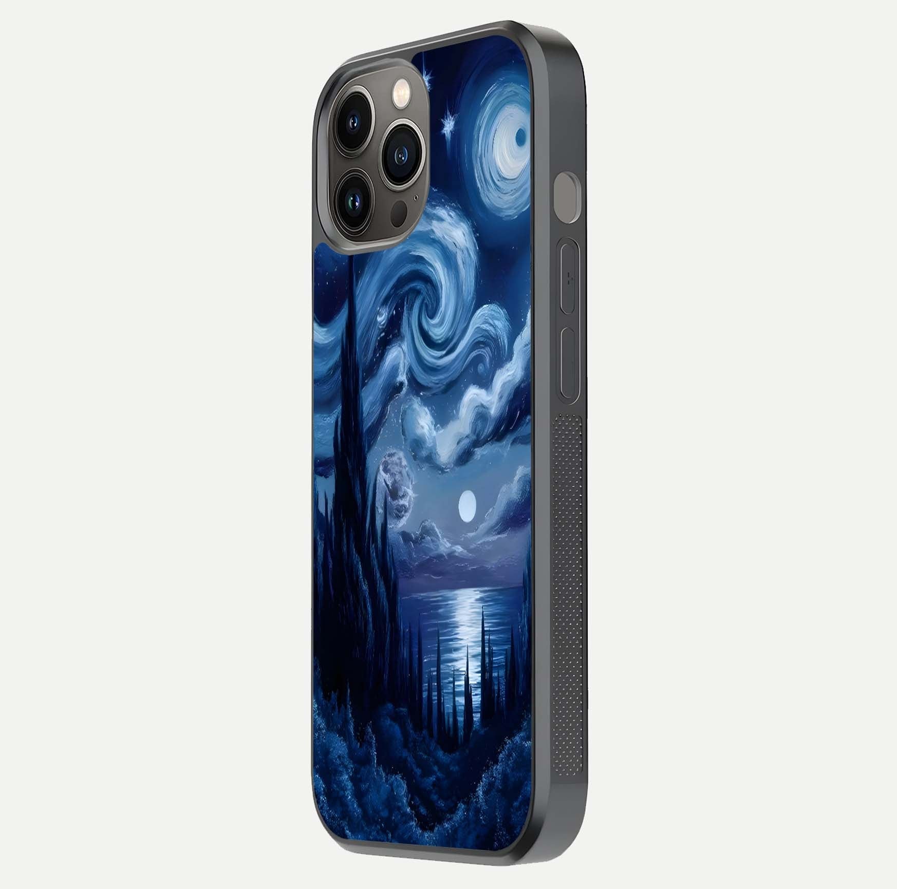 Celestial Dream Van Gogh Glass Case for iPhone 12 Pro Max side-angle photo showing depth swirl design and curved reflection