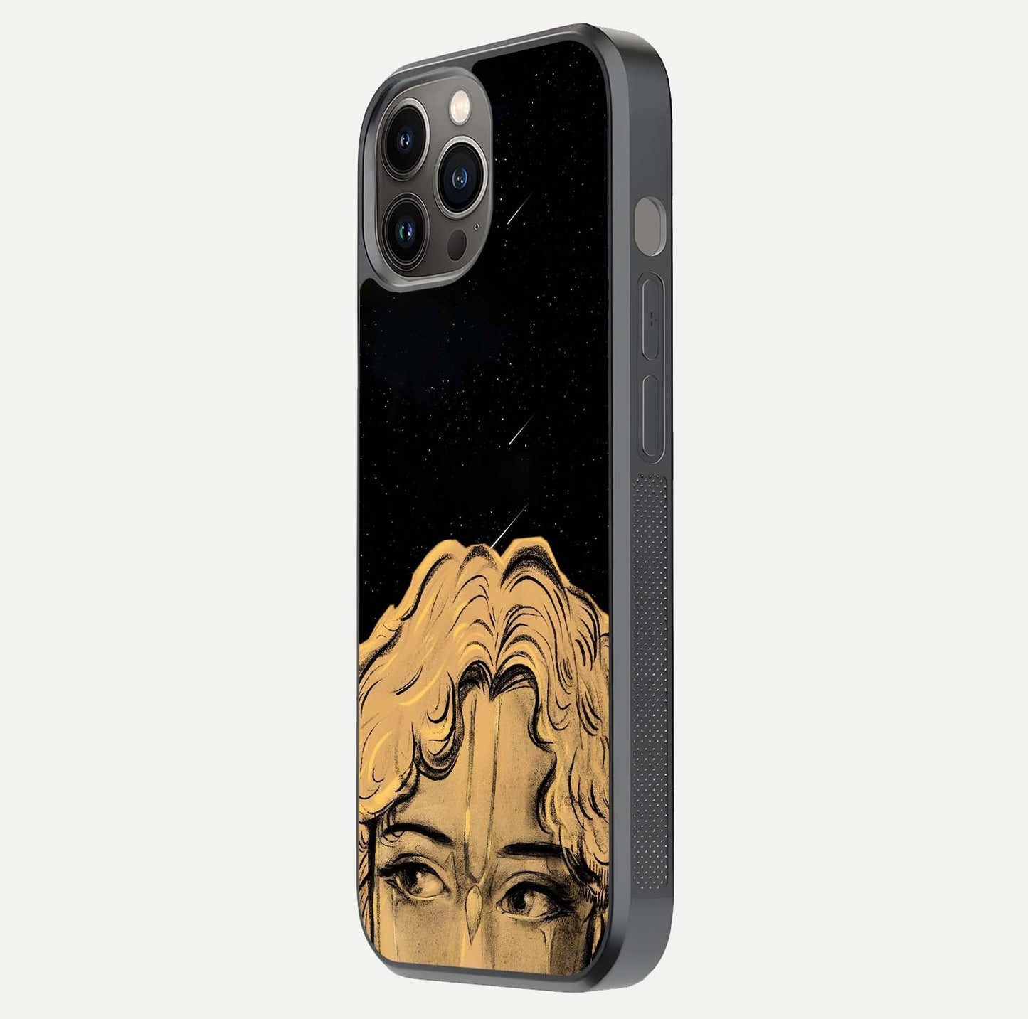 Celestial God’s Plan Glass Case for iPhone 12 Pro Max side-angle image showing gloss, camera frame, and cosmic tones