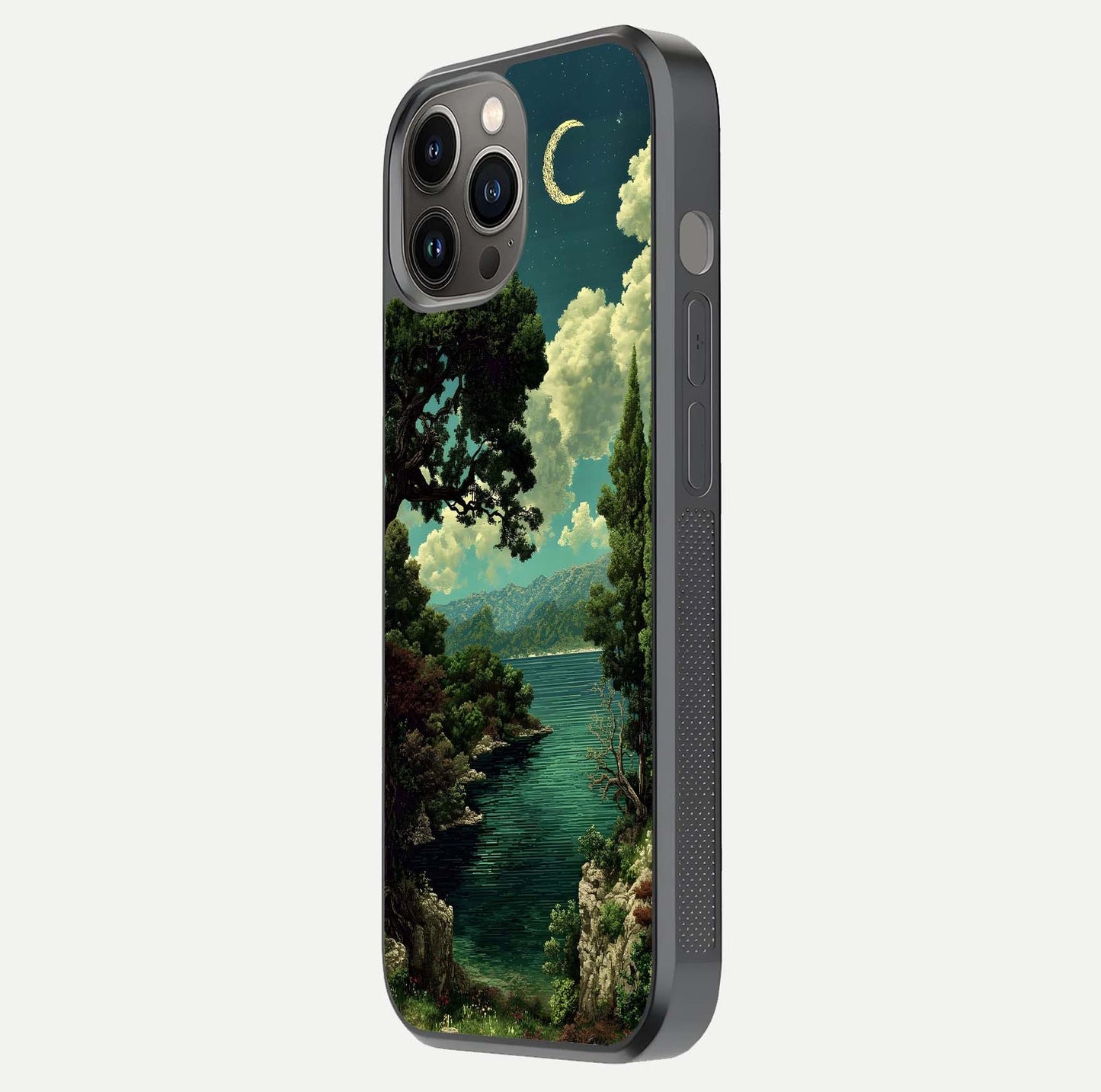 Celestial Lake Peace Glass Case for iPhone 12 Pro Max side-angle image displaying reflective glow and gentle edges