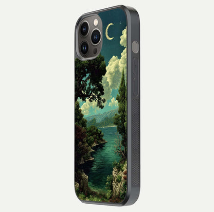 Celestial Lake Peace Glass Case for iPhone 12 Pro Max side-angle image displaying reflective glow and gentle edges