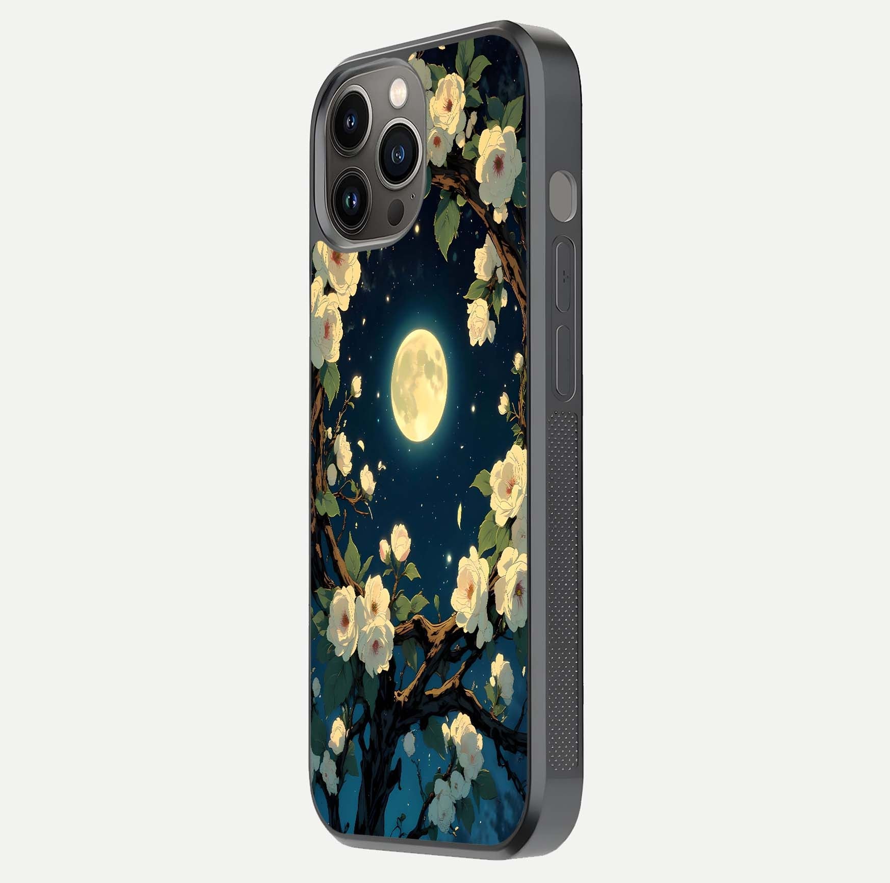Celestial Moon & Flower Glass Case for iPhone 12 Pro Max side-angle image showing edge smoothness and glow reflection