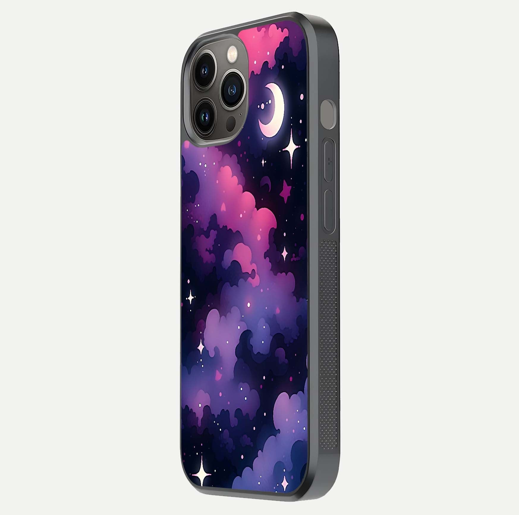 Celestial Moon Magic Glass Case for iPhone 12 Pro Max side-angle shot capturing soft reflection and curved gloss