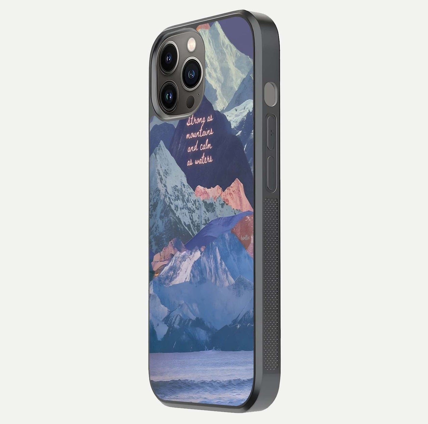 Celestial Mountain Calm Glass Case for iPhone 12 Pro Max side-angle image capturing mountain detail and shine gradient