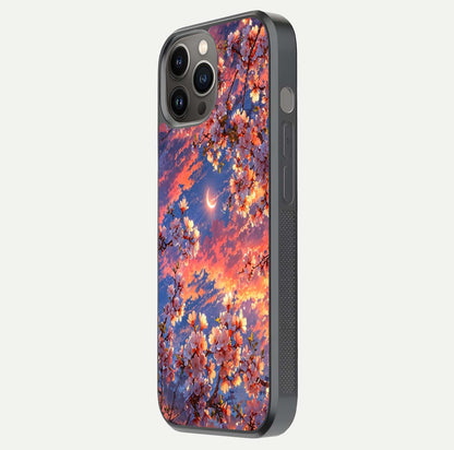 Celestial Sakura Sunset Glass Case for iPhone 12 Pro Max side-angle image showing edge glow and petal texture