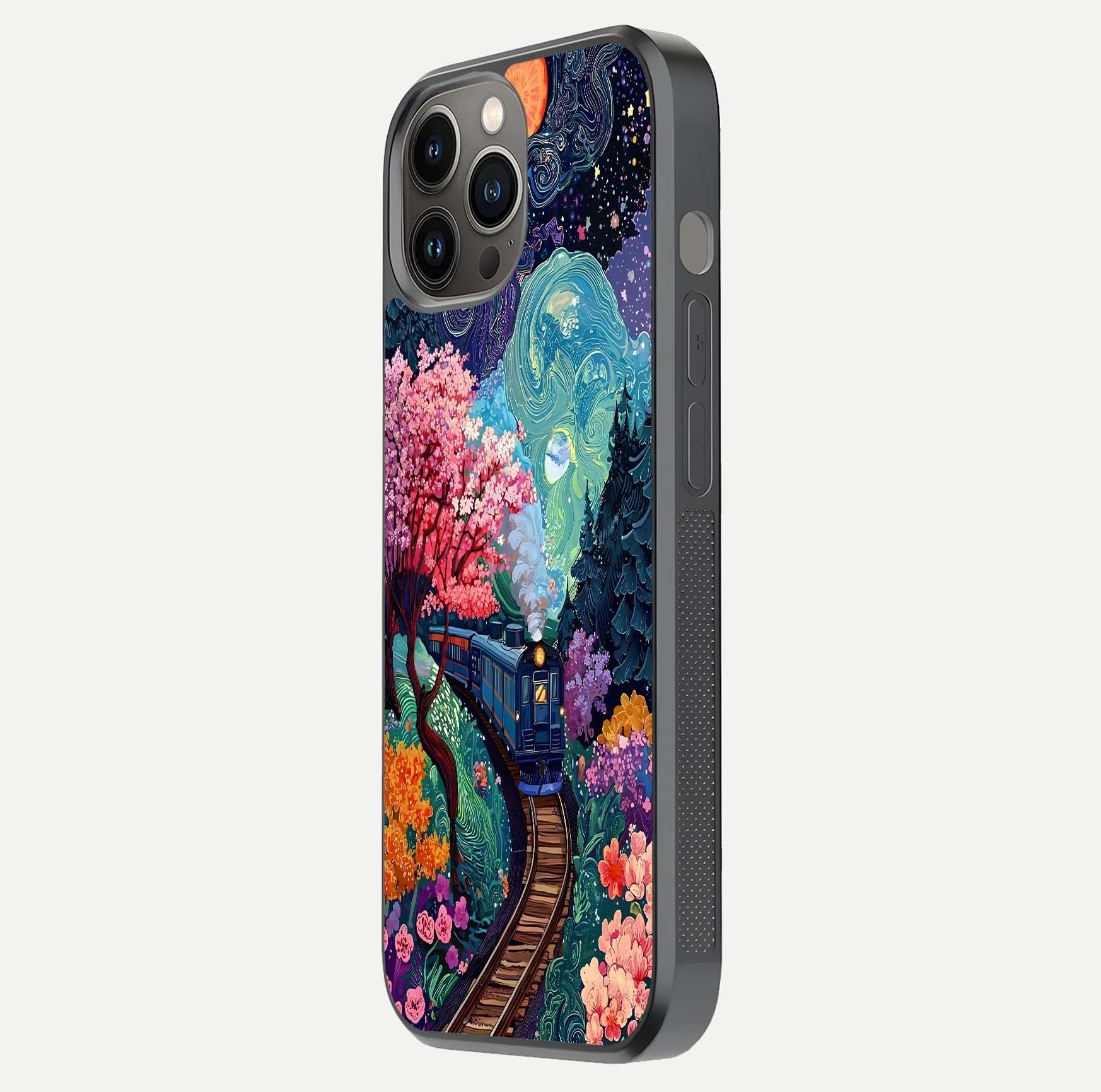 Celestial Train Journey Glass Case for iPhone 12 Pro Max side-angle image showing polished curve and HD print detail