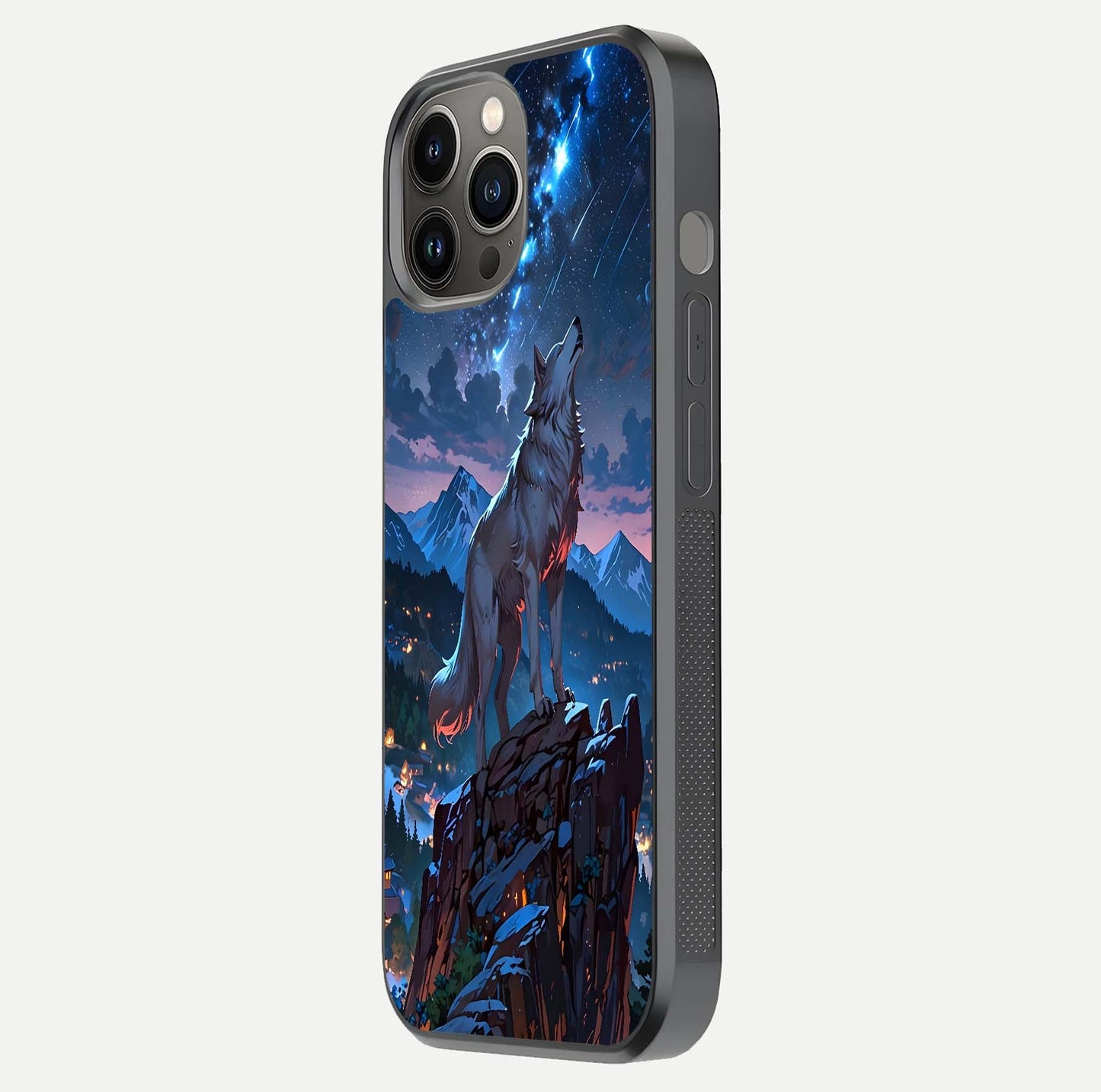 Celestial Wolf Howl Glass Case for iPhone 12 Pro Max side-angle image showing curve polish and moon glow
