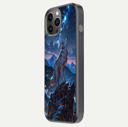 Celestial Wolf Howl Glass Case for iPhone 12 Pro Max side-angle image showing curve polish and moon glow