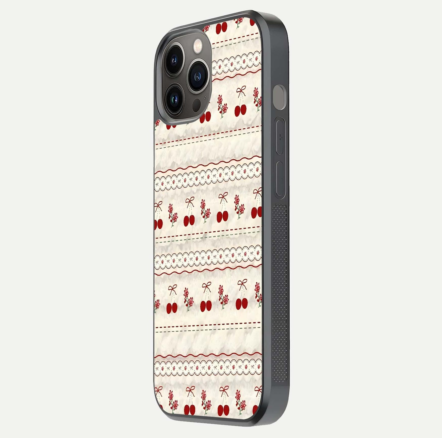 Cherry Bloom Charm Glass Case for iPhone 12 Pro Max side-angle photo showing flower detail and edge light